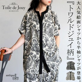 一枚で、品が整う。トワルドジュイ柄 シャツ レディース 半袖 バンドカラー 羽織り 前開き トップス 柄シャツ レディースファッション 大人カジュアル モード シンプル ゆったり 体型カバー 着回し 高見え antiqua・再入荷 (50)メール便可