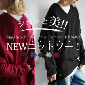 対象商品2点購入で50％OFF！17日23:59迄 シュッと美 Vネック ニットソー レディース トップス 送料無料・(500)メール便可