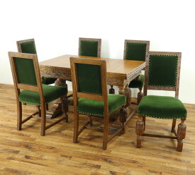 アンティーク 家具 テーブル・チェア6脚セット　アンティーク家具 イギリス アンティークダイニングセット ブルボーズレッグ　チェアは座面張り替え済みです　人気のぶどう柄彫刻　ダイニングセット　イギリス　アンティークフレックス　56823