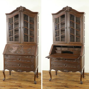 アンティーク 家具 猫脚ブックビューロー 深く落ち着いたツヤ ディスプレイ 収納 ライティングデスク 美しい彫刻 フランスアンティーク家具 63696