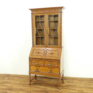 アンティーク 家具 ブックビューロー 明るめ色 ステンドグラス 細やかな装飾も魅力 ライティングデスク 机 イギリスアンティーク家具 57734