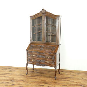 アンティーク ブックビューロー 猫脚 細かい彫刻が美しい 落ち着いた色味 華やかなデザイン フランス家具 アンティークフレックス 65270