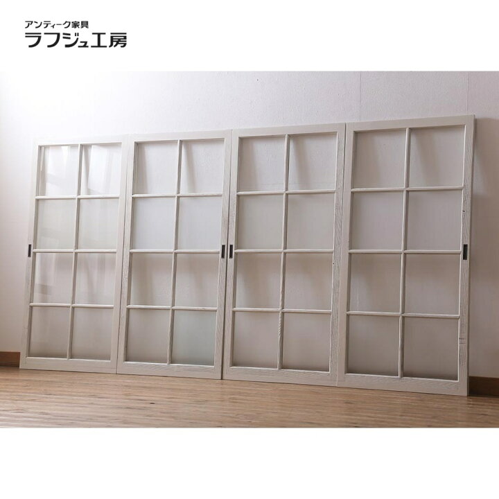 GO-1080】ガラス戸 引戸 建具 格子模様 4枚 昭和レトロ アンティーク
