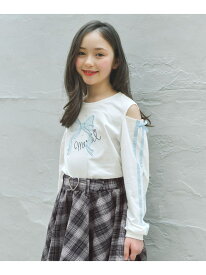 肩開きライン入り リボン長袖Tシャツ ANY KIDS エニィ トップス カットソー・Tシャツ ホワイト ピンク[Rakuten Fashion]