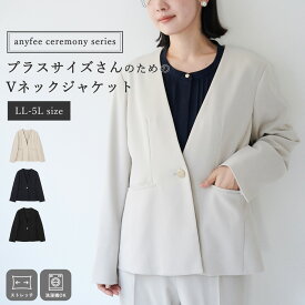【マラソン SALE 限定クーポン 4/17 9:59迄】ニットジョーゼットVネックノーカラージャケット セレモニー オケージョン anyfee エニフィー 大きいサイズ プラスサイズ レディース LL 3L 4L 5L ぽっちゃり ゆったり 体型カバー