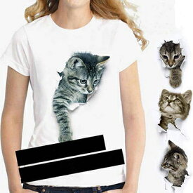 可愛い 3D 男女兼用 白 レディースTシャツ 半袖 3D Tシャツ おもしろ 面白 レディース ねこ レディースTシャツ かわいい