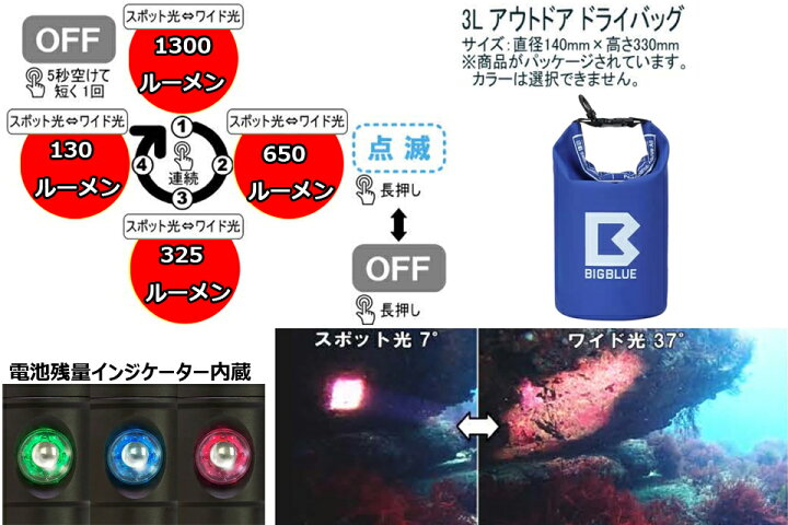 楽天市場】BIGBLUE ビッグブルー 水中ライト CF-1300P 1300ルーメン 