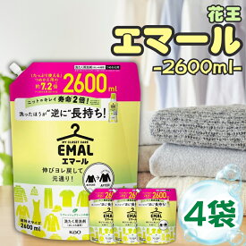 花王 エマール 詰め替え つめかえ 2600ml 4袋 大容量 柔軟剤 特大サイズ 詰替 洗濯洗剤 おしゃれ着 洗たく用洗剤 送料無料 2.6kg 買い置き せ 日用品 消耗品 まとめ買い 詰め合わせ ストック 常備 リフレッシュグリーンの香り 伸び ヨレ 戻し 毛玉 シワ