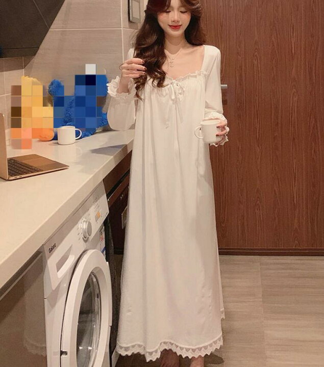 ネグリジェ 純白 ワンピース レディース ルームウェア パジャマ ベビードール 長袖 ロングネグリジェ セクシー ランジェリー レース 部屋着 おうち おうちコーデ【Anytime】 Anytime ラスト YUELIAN 天使のネグリジェ ふんわり癒やしのナイティ オフホワイト