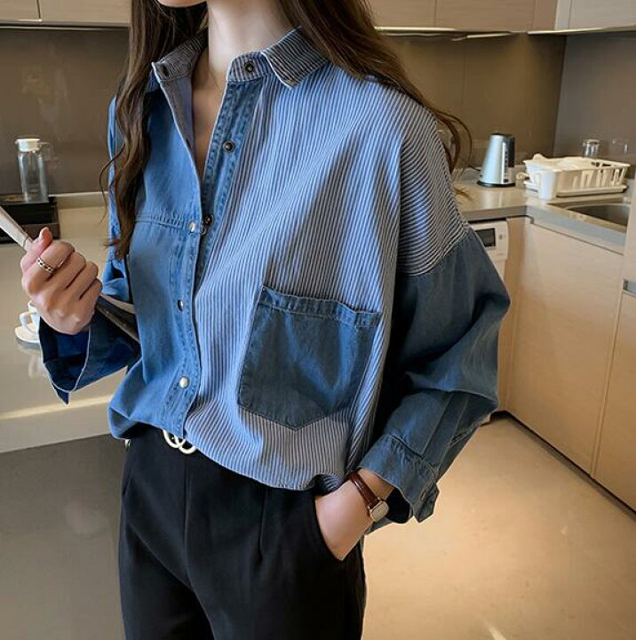楽天市場 デニムシャツ ロング丈 レディース デニムワンピース シャツワンピ ボーダー ス大人可愛い シャツ シャツワンピ 綿 春ワンピ 春ジャケット 春服 オシャレ レディース Anytime ａｎｙｔｉｍｅ楽天市場店