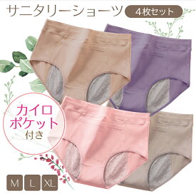 ＼P最大9倍 10日終日／ サニタリーショーツ サニタリーパンツ ポケット付き 綿 4枚 セット 4枚セット ポケット ショーツ レディース 下着 パンツ 生理用ショーツ 通気性 漏れ防止 生理用 綿混 リブ パンティー 多い日 昼夜兼用 コットン ニュアンスカラー