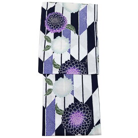 仕立て浴衣 レディース -4C- 白・紫黒/矢羽根・菊 プラスサイズ LL/3L/4L/5L-Size 綿100%