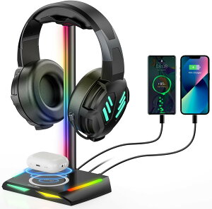 ヘッドホンスタンド 卓上 ヘッドセットスタンド RGBライト付 TypeCとUSBポート付 データ転送/充電 有線 ヘッドフォンホルダー 組み立て簡単 安定 滑り止め 多機能 ヘッドホンハンガー 幅広く機