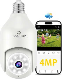 【完全無線・取付簡単】Gosulub 電球型防犯カメラ 防水 400万画素 2K画質 屋外 電球型カメラ ワイヤレス 監視カメラ WiFi ネットワークカメラ 見守りカメラ 電球カメラ ペットカメラ パン355°チルト120° 全方位撮影 動体検知 双方向音声 カラー暗視 警報通知 遠隔監視