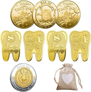BTtime 歯の妖精コイント 8枚入り 褒美金貨記念コイン 歯と交換するコイン 乳歯生え変わり期 遊び道具 乳歯生え変わり記念 収納袋付き