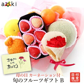 遅れてごめんね　母の日 カーネーション 生花 付 旬のフルーツギフトBアオキフルーツ[デコポン みかん メロゴールド又はオロブランコ又は文旦又は美生柑など メロン（青肉または赤肉） 紅白いちご]RC 送料込 果物ギフト プレゼント 果物詰合せ 母の日 mother's day mother