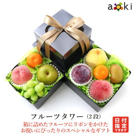 【当日発送OK】フルーツタワー（2段） アオキフルーツ[キウイフルーツ シャインマスカット プラム みかん 黄金桃 桃 和梨] RC 送料込 果物詰め合わせ 誕生日 プレゼント 御祝 内祝 結婚 御見舞 快気祝 くだもの 熨斗 のし対応 卒業祝 退職祝