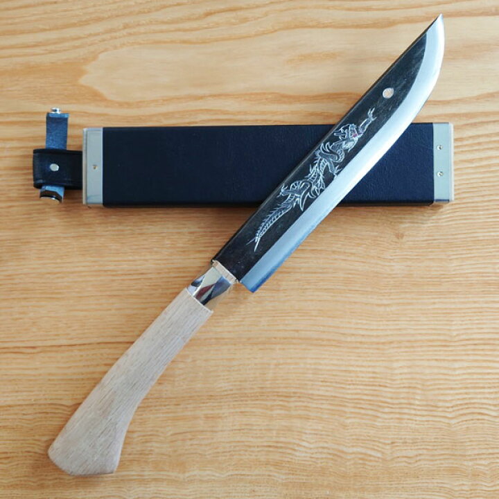 楽天市場】手打 鍛造 両刃剣鉈 240mm 山刀 龍彫刻入り : 金物屋 青鉄