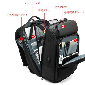リュックサック メンズ ビジネスバッグ バックパック USBポート付き 高級 盗難防止 旅行 多機能 大容量 PC収納 防水 通勤通学 機能派