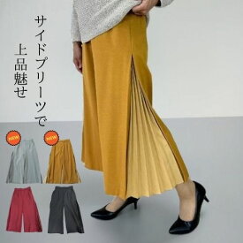 パンツ ワイドパンツ スカーチョ サイドプリーツワイドパンツ ガウチョパンツ レディース プリーツ ゴム フレアパンツ Aライン スカートパンツ スカンツ ガウチョ スカーチョ ワイドパンツ 春 上品 きれいめ