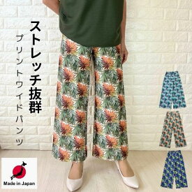 楽ちんで涼しげパンツ ボタニカル柄 サラてろワイドパンツ レディース ボトムス 夏 涼しい ひんやり 涼感 速乾 薄手 楽ちん ゆったり 柄物 総柄 イージーパンツ ウエストゴム 低身長 高身長 涼しい すぐ乾く 楽天 ワンマイル 夏 ズボン