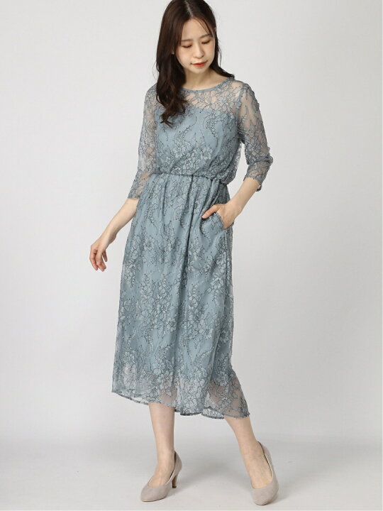 apart by lowrys 総レース ロングワンピース M ブルー 七分袖 