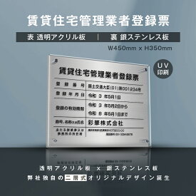 「APEX看板」賃貸住宅管理業者登録票【透明アクリル×銀ステンレス】 W45cm×H35cm 業者票 法定看板 店舗 事務所用看板 選べる4書体 UV印刷加工 お洒落な二層式 法定サイズ 宅建 業者票 不動産 許可書 事務所 法定看板 看板［gs-pl-pdzz-t-sil］