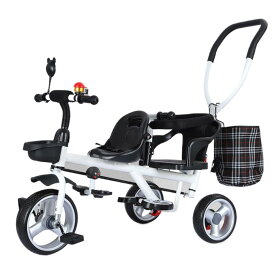 二人乗り三輪車 子供用ベビーカー 補助棒付（取り外し可能） 両点シートベルト 物置カゴ 耐荷重 100kg 8 ヶ月～7 歳 アウトドア・室内兼用 プレゼント H11