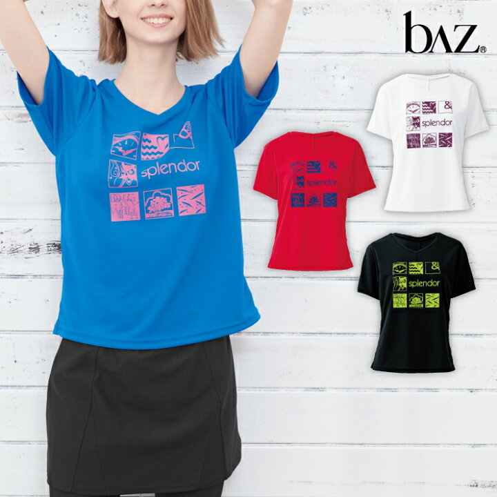 楽天市場 Baz バズ Nawa レディース スポーツウェア 日本製 送料無料 Vネック半袖 アートキューブ柄 Tシャツ レディース 健康体操 ジム ランニング ウォーキング ファッション M L Ll ブラック ロイヤルブルー レッド ホワイト Apliet アプリエット
