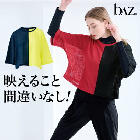 bAz バズ / NAWA レディース フィットネスウェア 日本製 送料無料 バイカラードルマントップス F フリー ネイビーシトラス/レッドブラック 無地 ウーリーメッシュ ポリエステル 配色デザイン おしゃれ