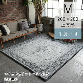 マイクロプリントパイルラグ DM055 約200×200cm 幾何学模様 デザイン ペルシャ 絨毯 カーペット 正方形 洗える おしゃれ 韓国インテリア グレー オールシーズン 送料無料 ヴィンテージ