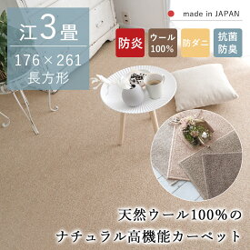 カーペット じゅうたん ラグ ウール100％ 江戸間3畳 176×261 防炎 防ダニ 抗菌 防臭 ホットカーペット 床暖房対応 オールシーズン 敷き詰め 長方形 ベビー 天然素材 国産 日本製 ループパイル 高機能 新生活