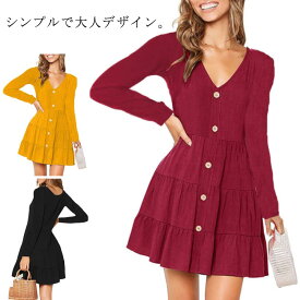 casual women falbala dress ロングブラウス レディース 長袖 フレアワンピース ショート丈 Vネック シャツワンピース 大人 カジュアル 春 秋 夏 きれいめ 大きいサイズ 30代 40代 50代 無地 ブラック イエロー ブル レット