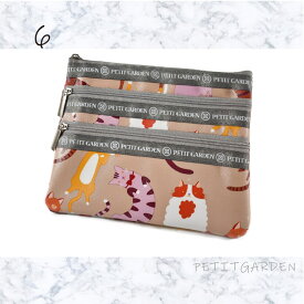 1000円ポッキリ 送料無料 PETIT GARDEN ネコ 3連ファスナーポーチ エナメル RSN0993 スマホや小物を仕分け収納できる3ポケット 軽量 防汚 水に強い バッグインバッグにも最適 6柄選べる 可愛い猫柄 化粧ポーチ ファスナー開閉 プレゼント