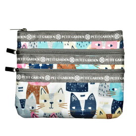 1000円ポッキリ 送料無料 PETIT GARDEN ネコ 3連ファスナーポーチ エナメル RSN0993 スマホや小物を仕分け収納できる3ポケット 軽量 防汚 水に強い バッグインバッグにも最適 6柄選べる 可愛い猫柄 化粧ポーチ ファスナー開閉 プレゼント