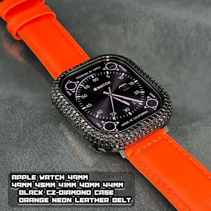 アップルウォッチ CZブラックダイヤベゼル 本革ネオンレザーベルト  