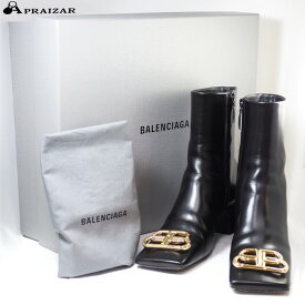 BALENCIAGA バレンシアガ レザー BB スクエア トゥ ショート ブーツ 35 ブラック レディース ケース・収納袋付 [中古]