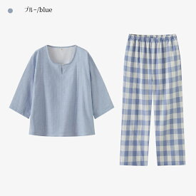 二重ガーゼ 綿100% ルームウェア パジャマ レディース 半袖 五分袖 キーネック ダブルガーゼ 春 秋 可愛い チェック ナイトウェア 5分袖&7分ズボン ガーゼ 上下セット 部屋着 母の日 通気性がよく蒸れにくい 柔らかい 優れた耐久性