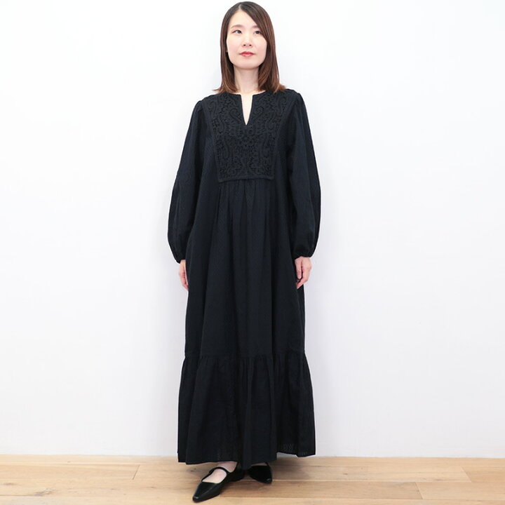 ヌキテパ コットン ドビー ストライプ スクエア レース ドレス M タグ  