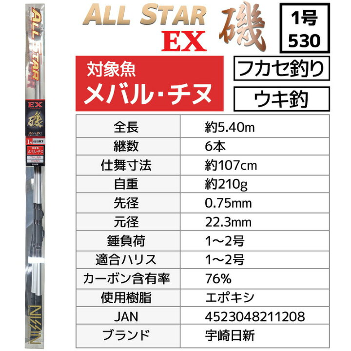 楽天市場 万能ロッド オールスターex 磯 1号 530 フカセ釣り ウキ釣り 宇崎日新 釣竿 送料無料 ライフジャケット釣具アクアビーチ