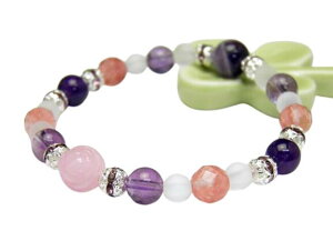 パワーストーンのローズクォーツ・チェリークォーツ・アメジスト・フロスト水晶 薔薇モチーフブレスレット レディース 天然石の数珠(腕輪念珠) 厄除け/お守り / インペリアルオーラ お