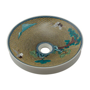 493-224-Y カクダイ 丸型手洗器(吉田松鶴図) 翆(すい)