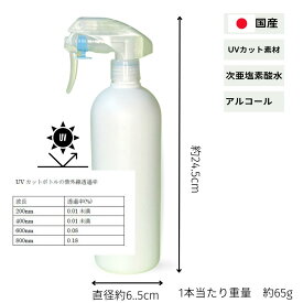 日本製　次亜塩素酸水用 容器 UVカット素材　空スプレーボトル　500ml （PE製、アルコール対応）　遮光性（99.8%UVカット素材のボトル）、次亜塩素用、国産ボトル　遮光性（完全遮光ではありません）　ノズルが丈夫で長持ち［アクアヴィーナス］