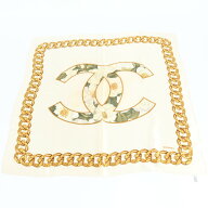 美品 ヴィンテージ シャネル タグ付 ココマーク フラワー ゴールド チェーン シルク 100％ スカーフ 絹 …