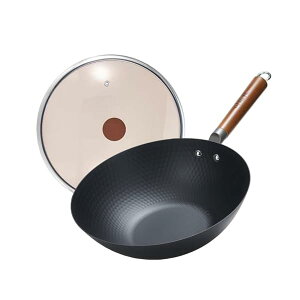 フライパン深型 32cm 軽い鍋1.1kg 無塗装中華鍋 窒化鉄 炒め鍋 揚げる 茹でる 多くのストーブに対応 蓋付き 鉄フライパン 厚手 ih対応 ガス火 ふきんとスポンジ付き