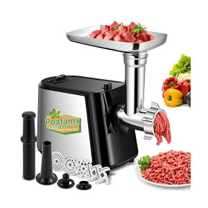 【送料無料】ミンサー 電動 3/5/7mm3種カットプレート付き 野菜スライサー部品三つ付き ミートローフ用部品/ソーセージノズル/ジューサー用部品付き ミンチ機 ひき肉機 肉挽き/腸詰め/みじん