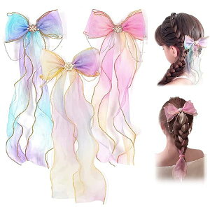 【送料無料】ヘアクリップ リボン 髪飾り バレッタ ヘアピン かわいい パール 3個セット 編み込み オーガンジー 女性 女の子 子供 誕生日 発表会 撮影 パーティー クリスマス プリンセス