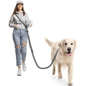 【送料無料】ハンズフリー 犬用リード 多機能 耐荷重 クロスボディ 2.9m (9.5 ft)車用安全バックル付き 中型・大型犬用 for Medium and Large Dogs 散歩・ジョギング・トレーニング (グレー 1.8-2.9m)