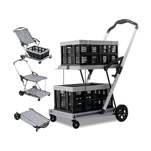 【送料無料】台車 静音 ショッピングカート 折り畳み 2段 2つのコンテナ付 キャリーカート 耐荷重90kg 買い物 キャリー 折りたたみ 新生活 軽量 台車 コンパクト TPR輪・コンパクト収納可能・