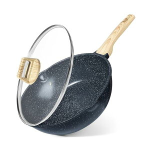 【送料無料】セラミックコーティング フライパン 30cm 深型 蓋付き IH・ガス火対応 フッ素不使用 焦げ付きにくい 注ぎ口付き炒め鍋 お手入れ簡単 食洗機対応 高熱効率 中華鍋 PFOA PFOS フリー